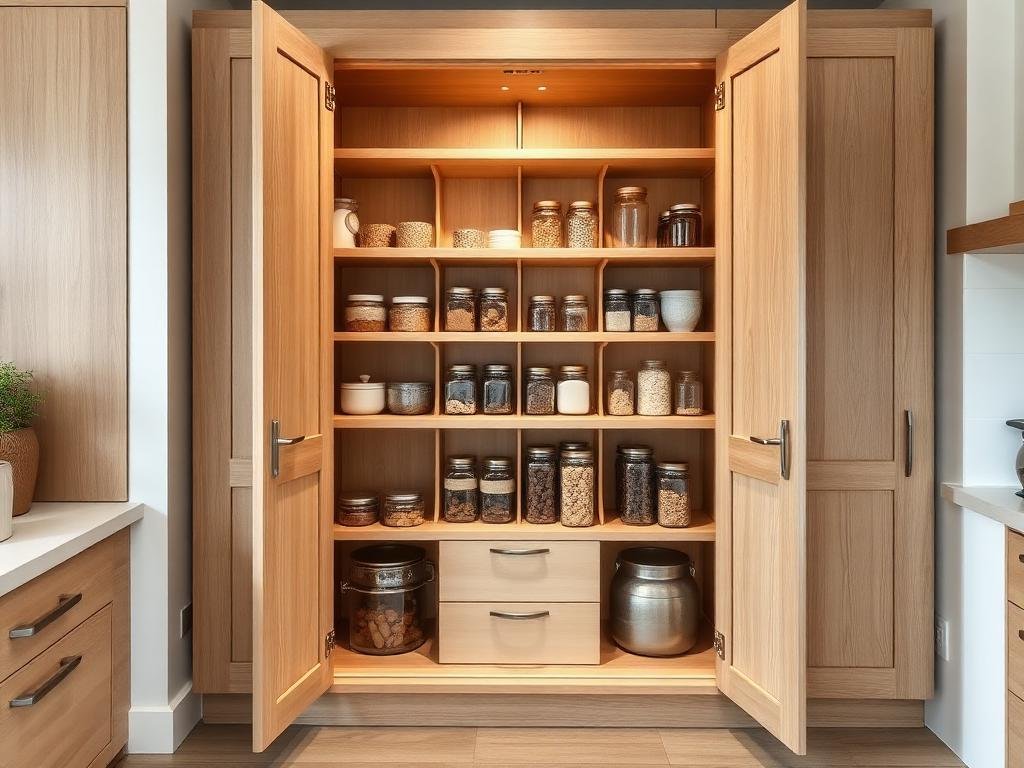 Skafferiskåp i ljust träkök i ek – generös förvaring för torrvaror och ingredienser